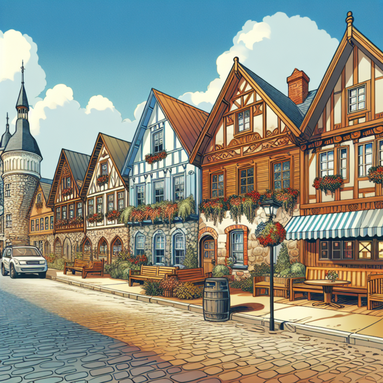 A cartoon image of a picturesque German village nestled in a Texan landscape, blending Texan and German cultures through colorful buildings, cobble...