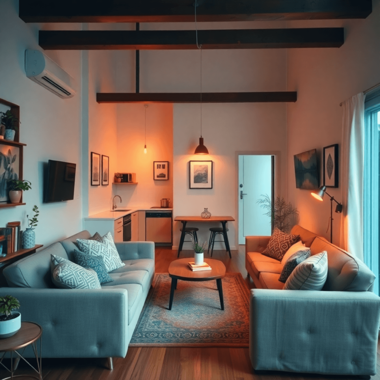 A cozy Airbnb interior with warm lighting, comfortable furniture, and local decorative elements, featuring a small kitchen area and an inviting atm...
