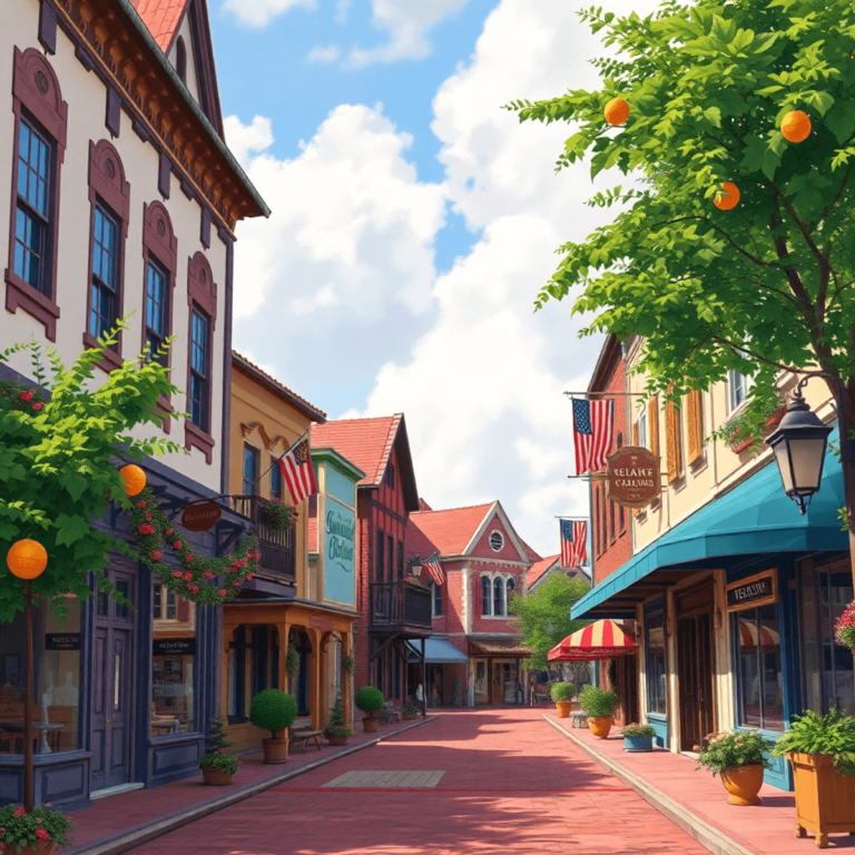 A lively street scene in New Braunfels, Texas, showcasing historic buildings with German architecture, colorful festival decorations, and abundant ...