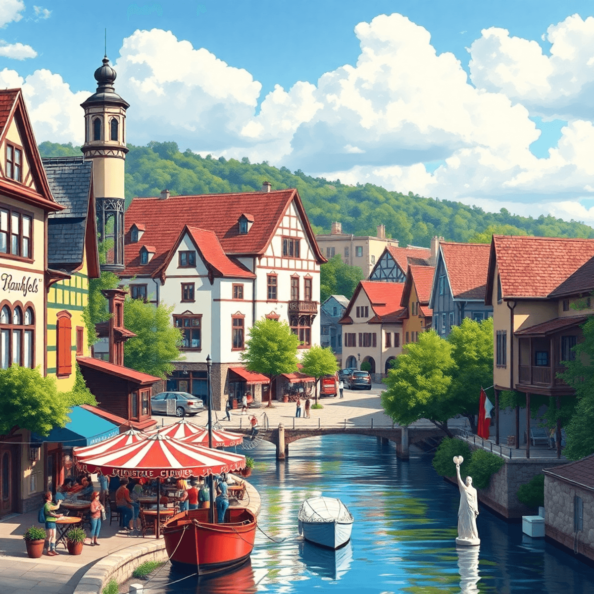 A lively view of New Braunfels featuring historic German architecture, festive celebrations, local art, and peaceful riverside scenery.