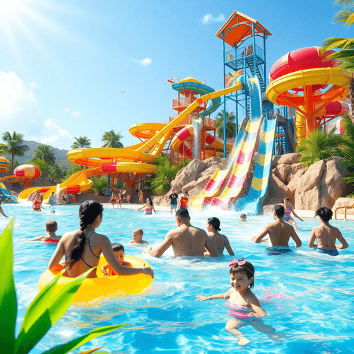 A lively water park scene with colorful slides, splashing waves, and families enjoying summer activities under bright sunshine and tropical plants.