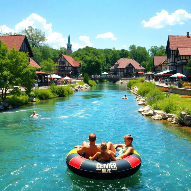 A sunny day on the Comal River in New Braunfels, Texas, with clear blue waters, lush greenery, and a family tubing amidst charming German-style arc...