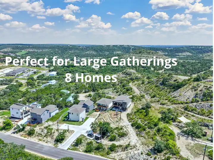 Aerial view of 8 spacious homes perfect for large gatherings, showcasing the benefits of location-based filtering when searching for tips for finding the best Airbnbs near me.