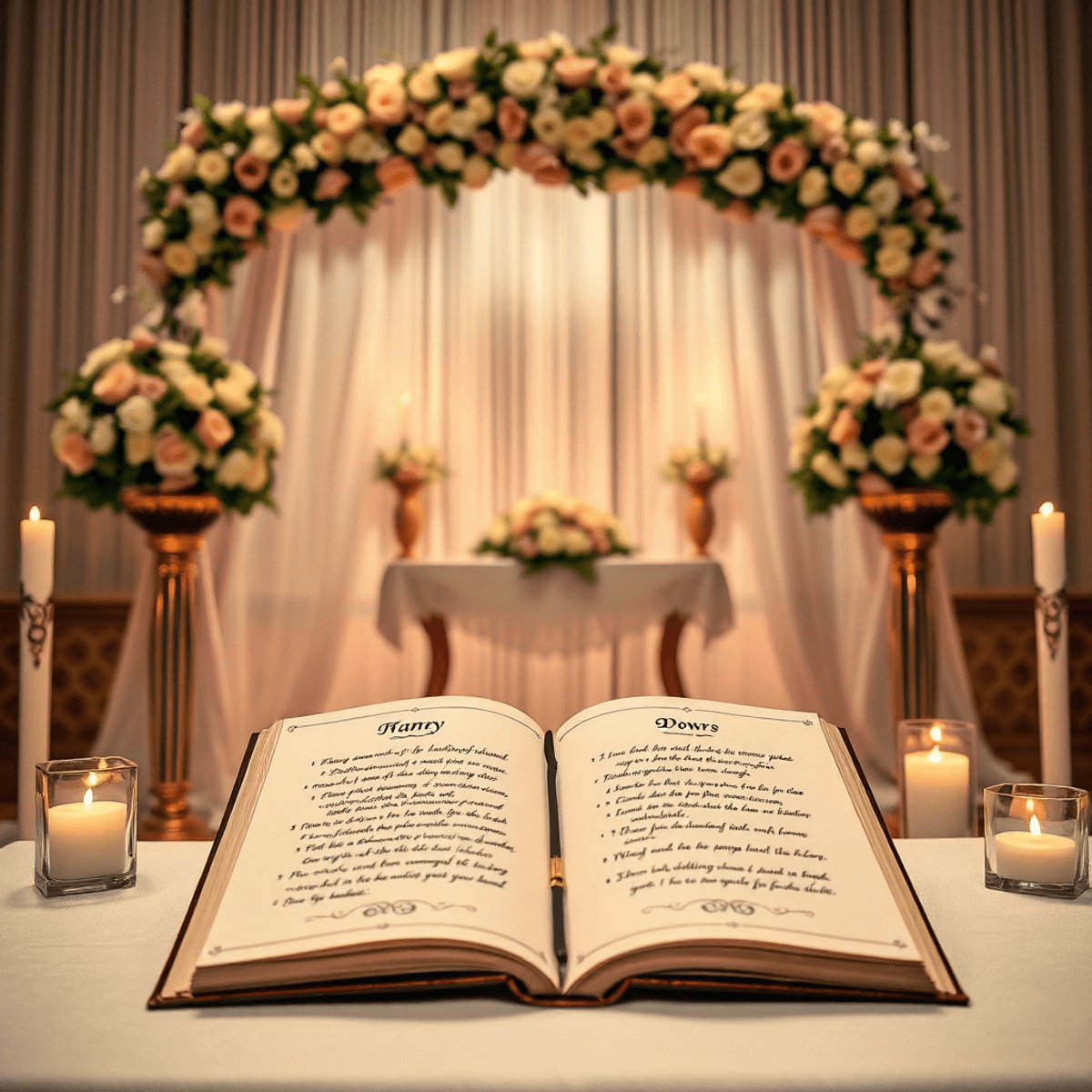 A romantic wedding altar adorned with floral arrangements, soft lighting, and an open book of vows, creating a sacred atmosphere for marriage ceremonies.