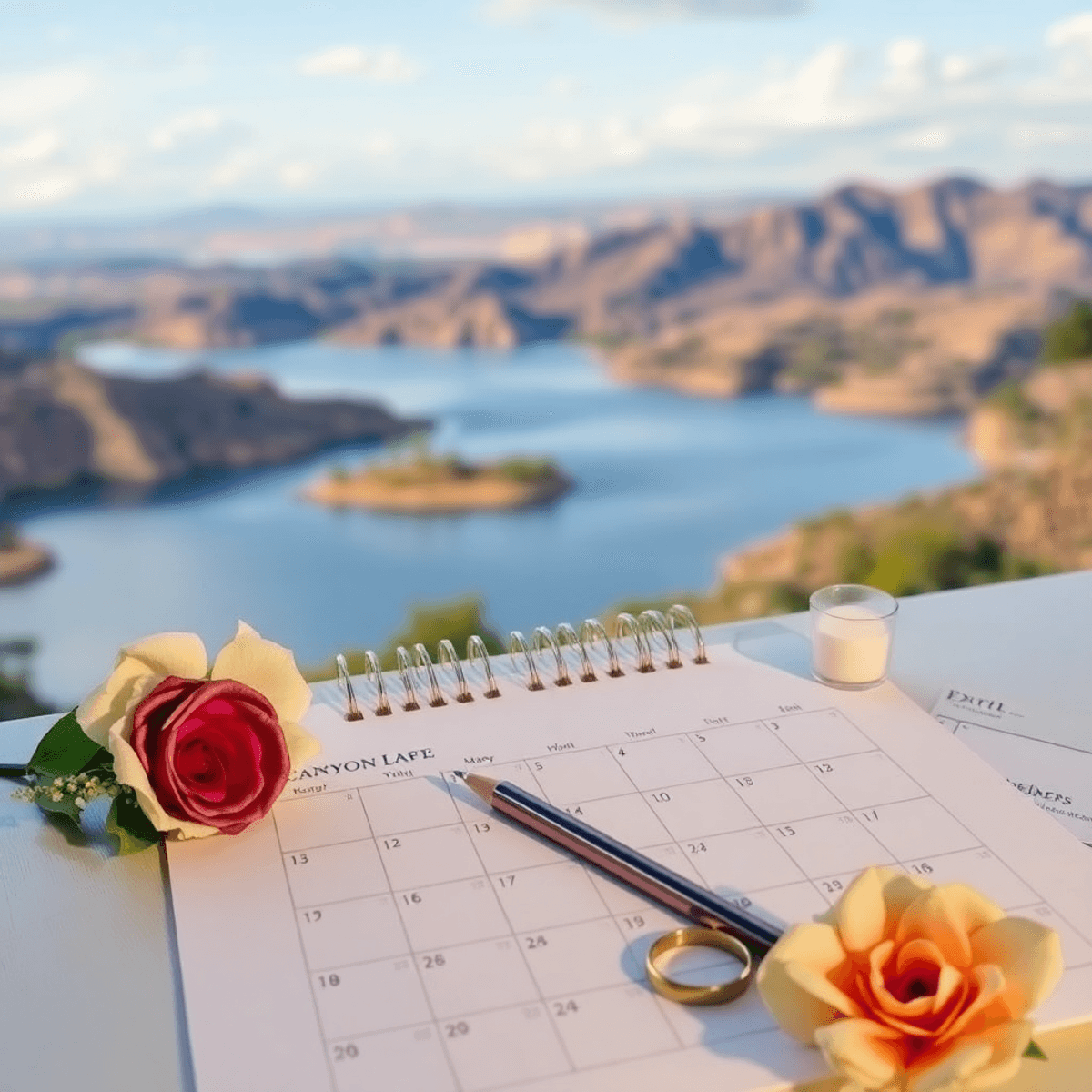 A beautifully arranged calendar with a pencil, wedding decorations like flowers and rings, set against the scenic backdrop of Canyon Lake.