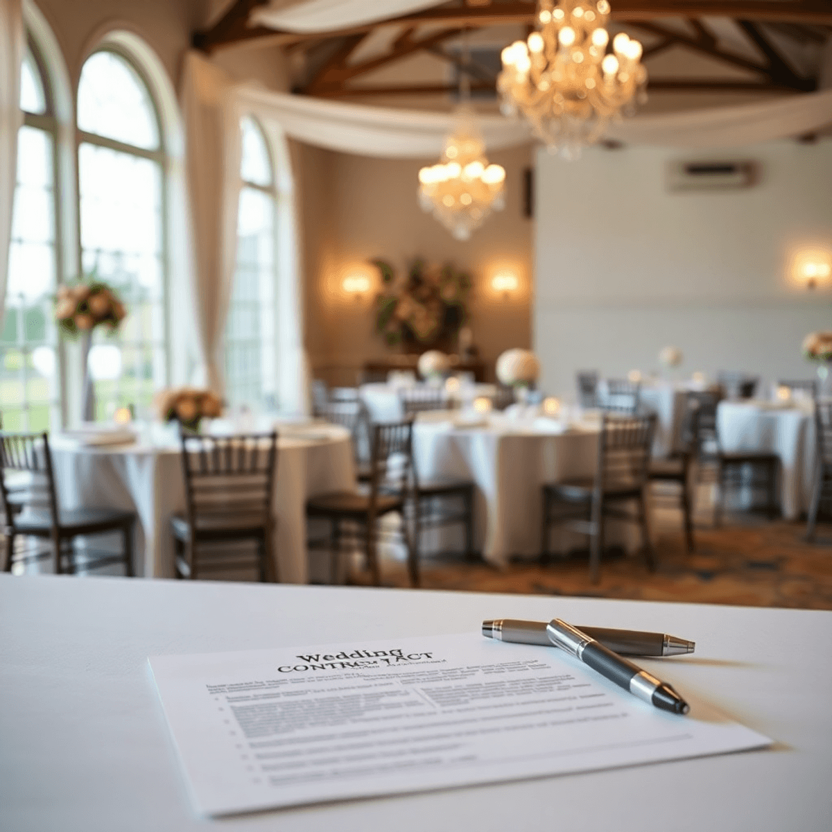 A beautifully arranged wedding venue featuring elegantly set tables, soft lighting, floral decor, and a close-up of a wedding contract with a pen on the table.
