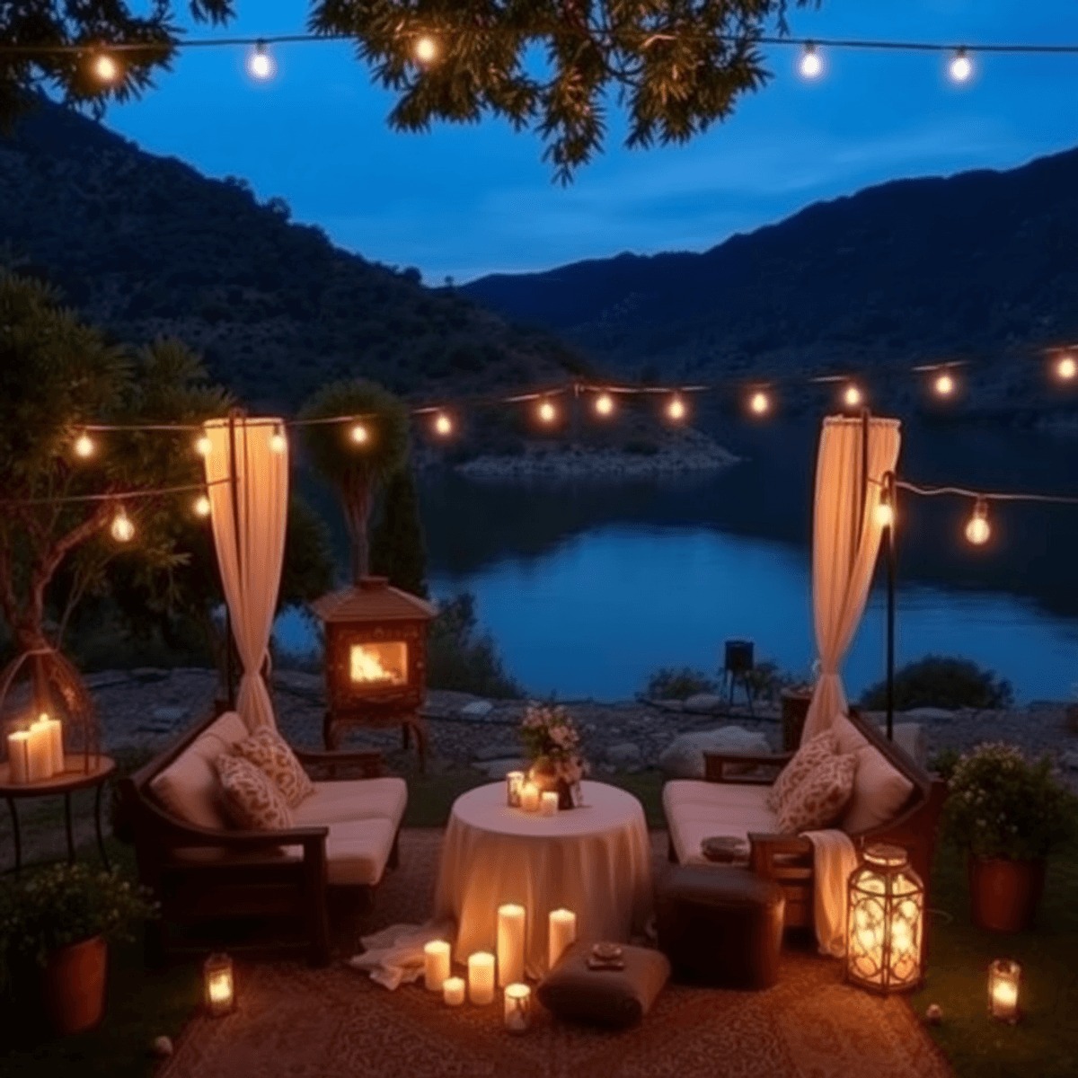 A cozy Airbnb getaway in Canyon Lake, surrounded by nature, featuring soft lighting and romantic decorations for a warm wedding celebration atmosphere.