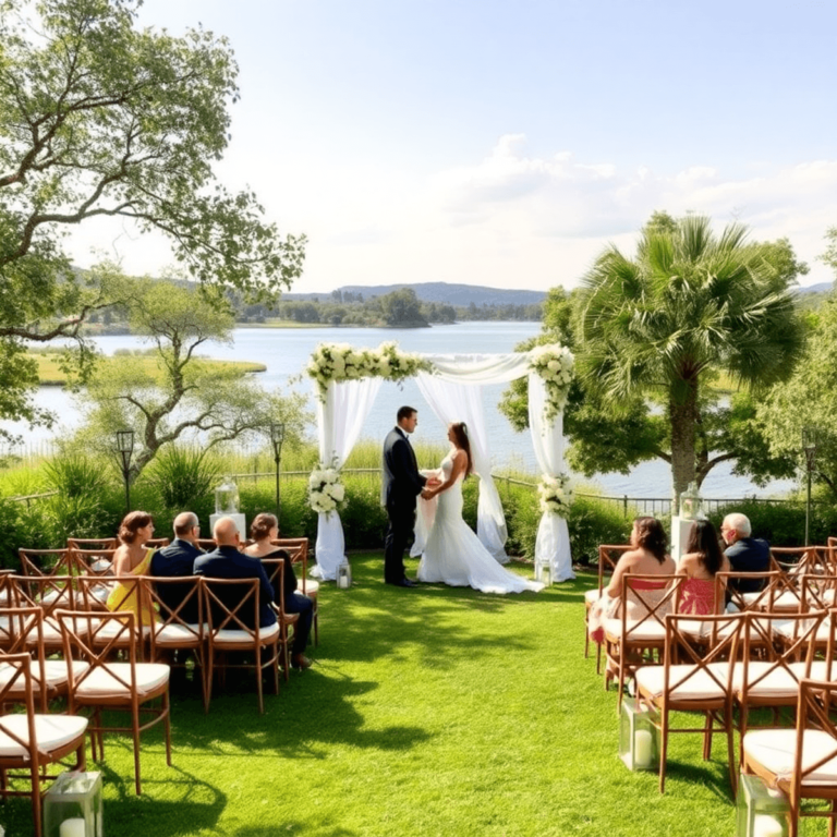 A picturesque outdoor wedding venue with lush greenery, elegant decorations, and a romantic setup, creating a tranquil and celebratory atmosphere i...