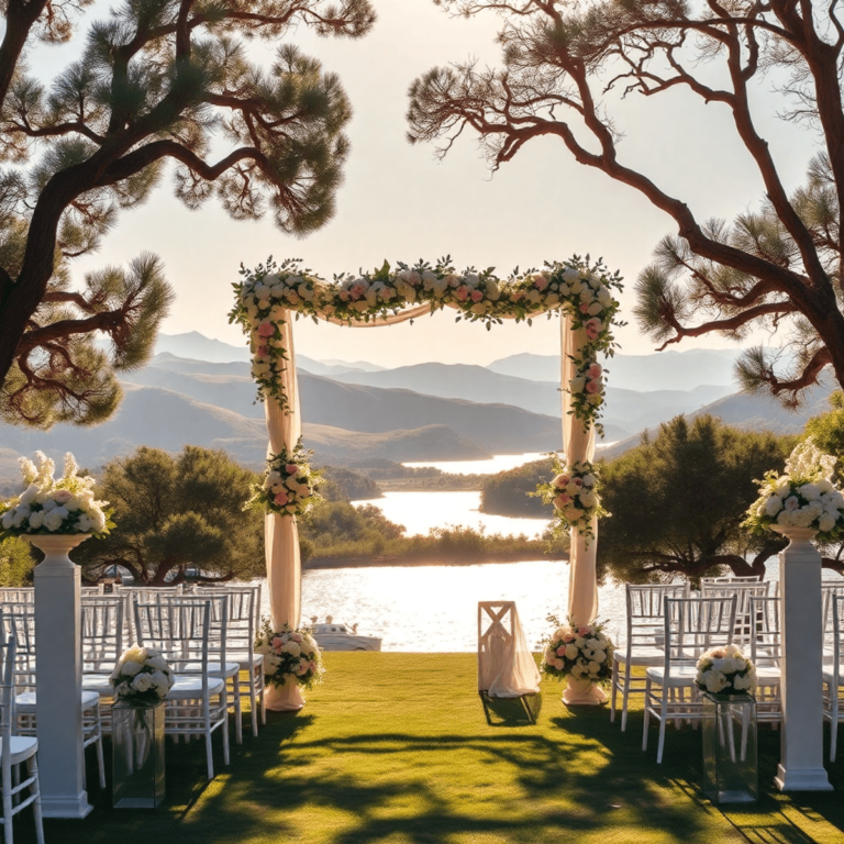 A serene outdoor wedding scene at Canyon Lake, Texas, featuring rolling hills, sparkling water, floral arrangements, and a decorative arch under ge...