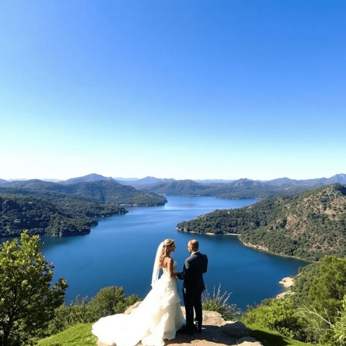 A stunning landscape of Canyon Lake with lush greenery, sparkling water, and a tranquil atmosphere, perfect for a dreamy destination wedding.