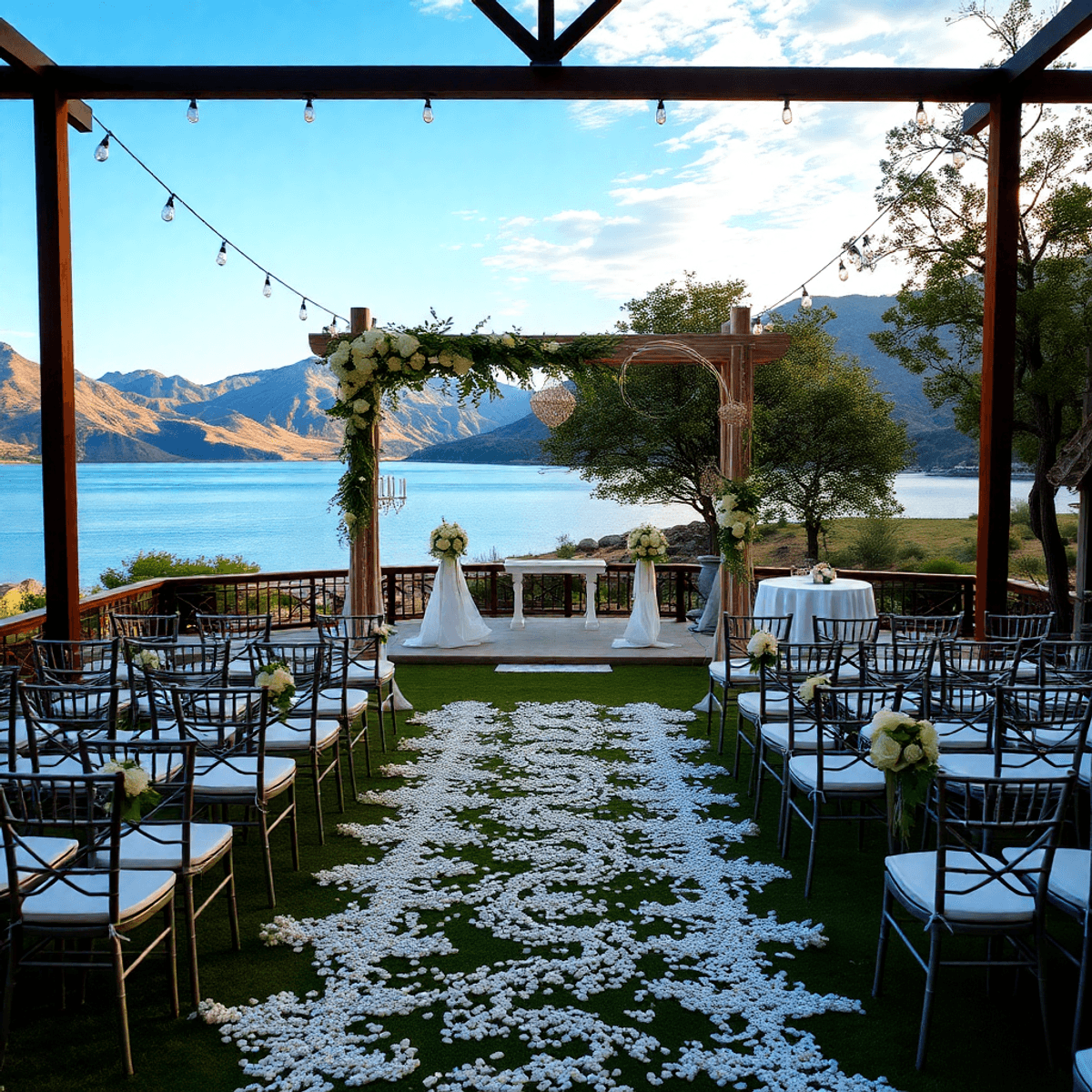 A stunning outdoor wedding venue at Canyon Lake, adorned with elegant decorations, surrounded by breathtaking views of nature and soft natural ligh...