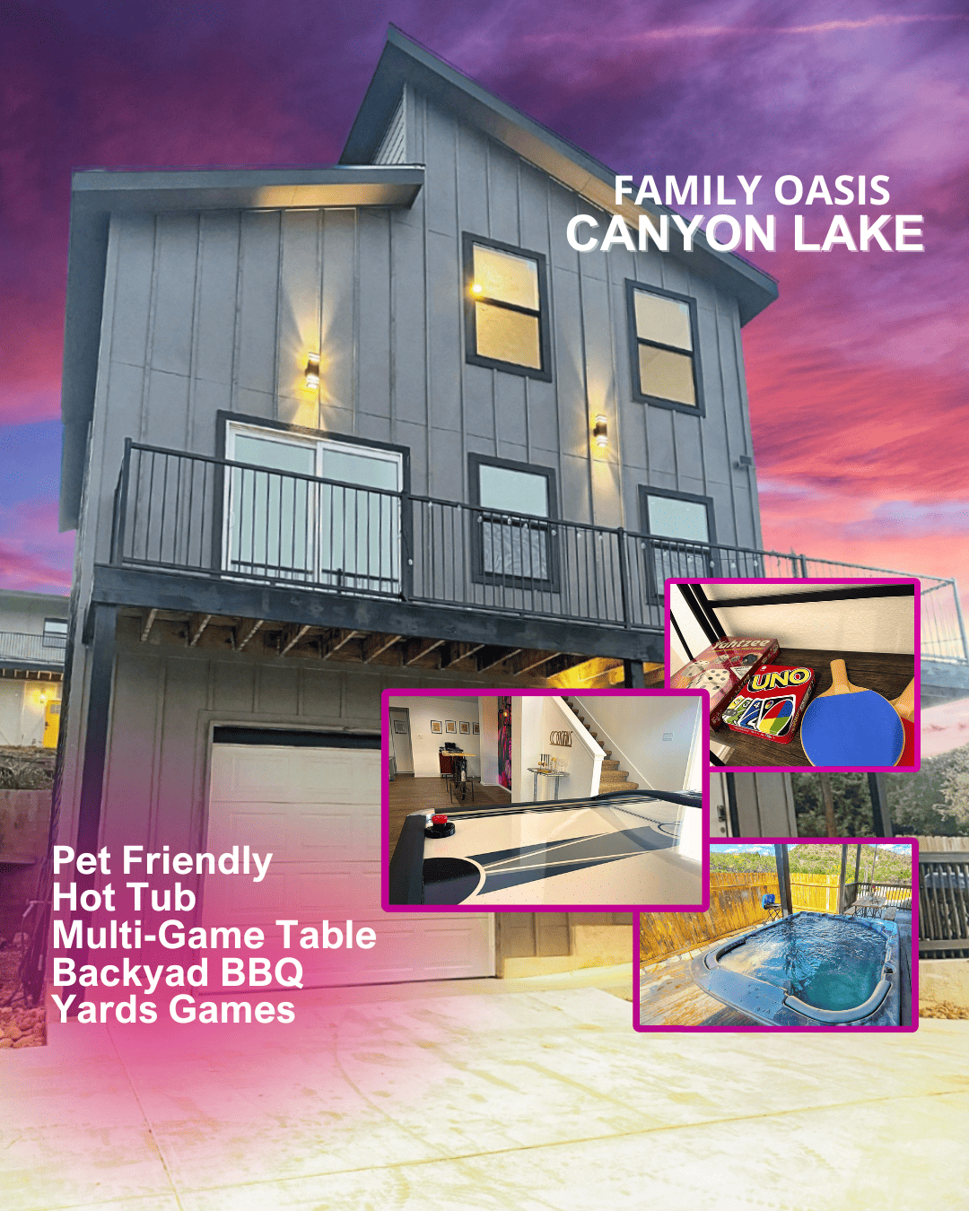 Modern vacation rental with hot tub, multi-game table, backyard BBQ, and pet-friendly amenities, ideal for tips on finding the best Airbnbs near me.