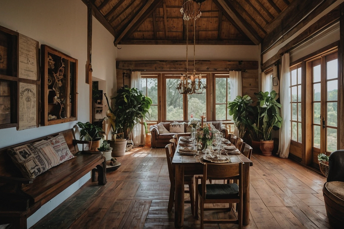 El encanto rústico se encuentra con la elegancia atemporal. Un acogedor espacio de comedor rodeado de luz natural y exuberante vegetación, perfecto para reuniones inolvidables.