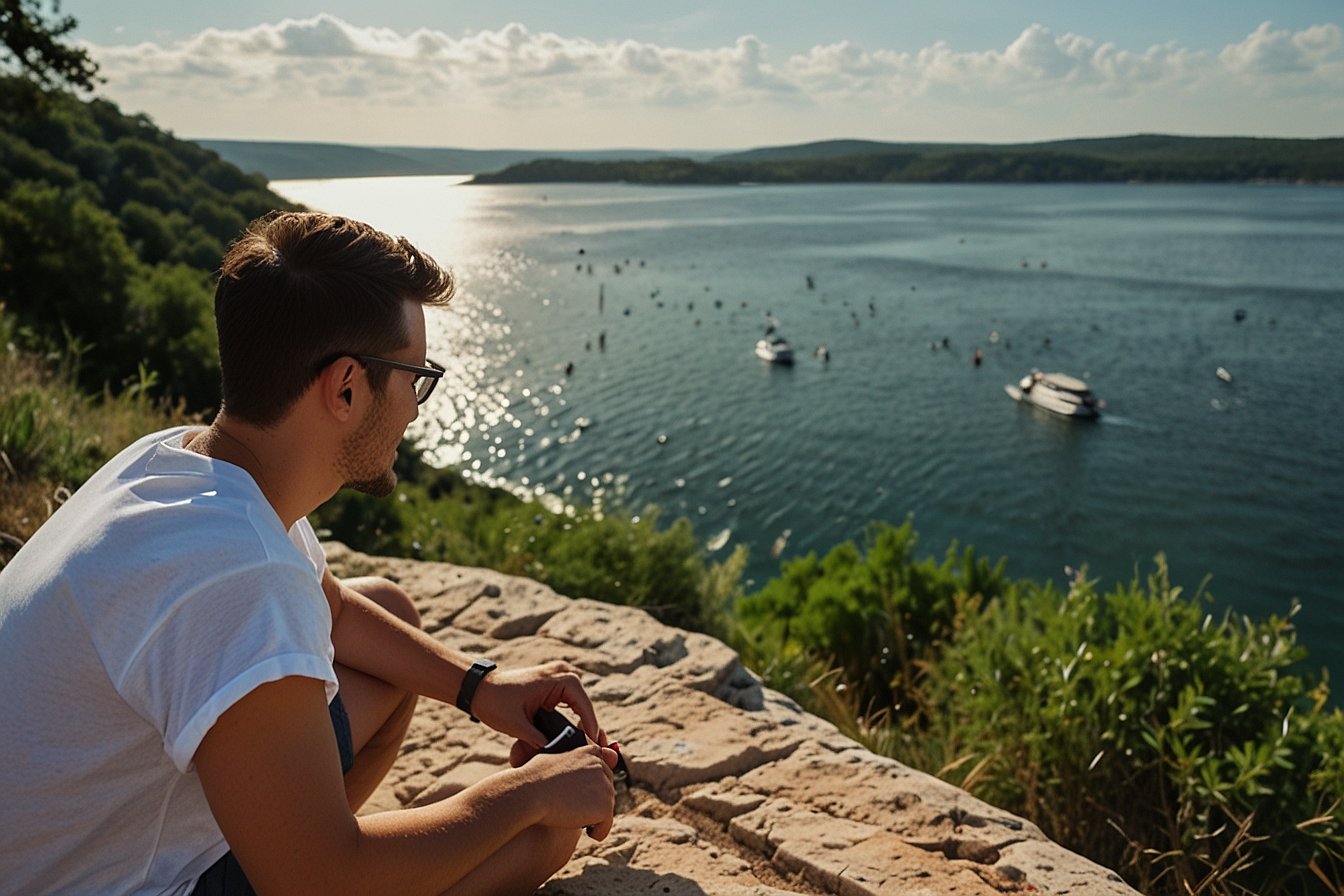 Man sitting on a rock overlooking the sparkling waters of Canyon Lake, perfect for exploring the best Canyon Lake cabins