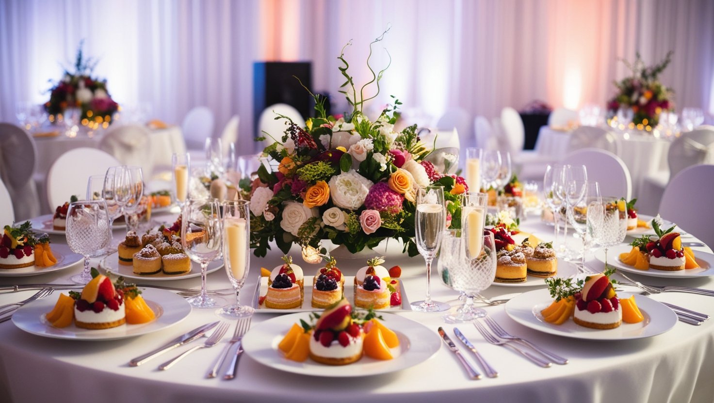 An elegant wedding table setup featuring vibrant floral centerpieces, gourmet desserts, and sparkling drinks in crystal glassware, ready to surprise and delight guests.