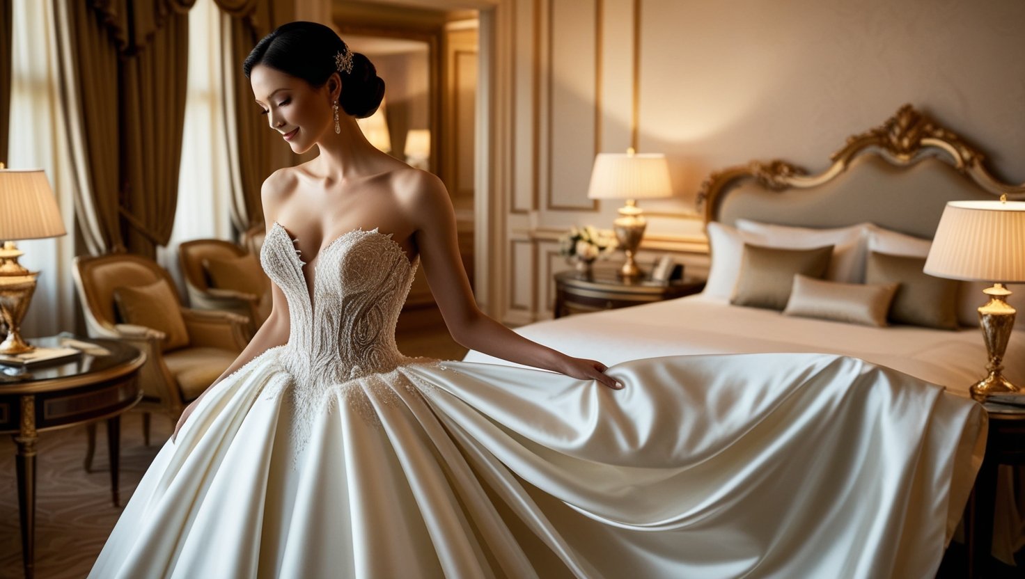 Bride wearing a modern, intricately designed wedding gown in a luxurious hotel suite, exuding elegance and uniqueness.
