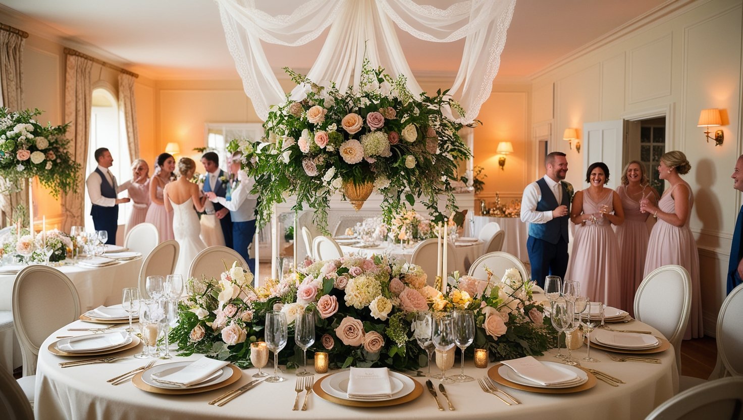 A beautifully decorated wedding reception at Canyon Lake, featuring floral arrangements and happy guests.