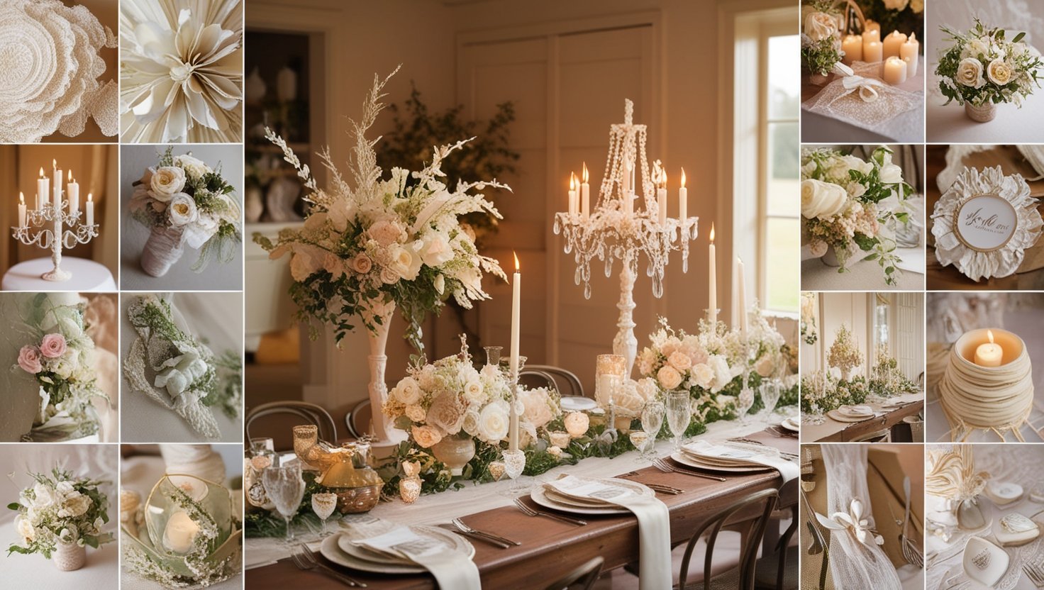 Elegant wedding table with personalized floral arrangements, candles, and intricate seating cards creating a romantic ambiance.