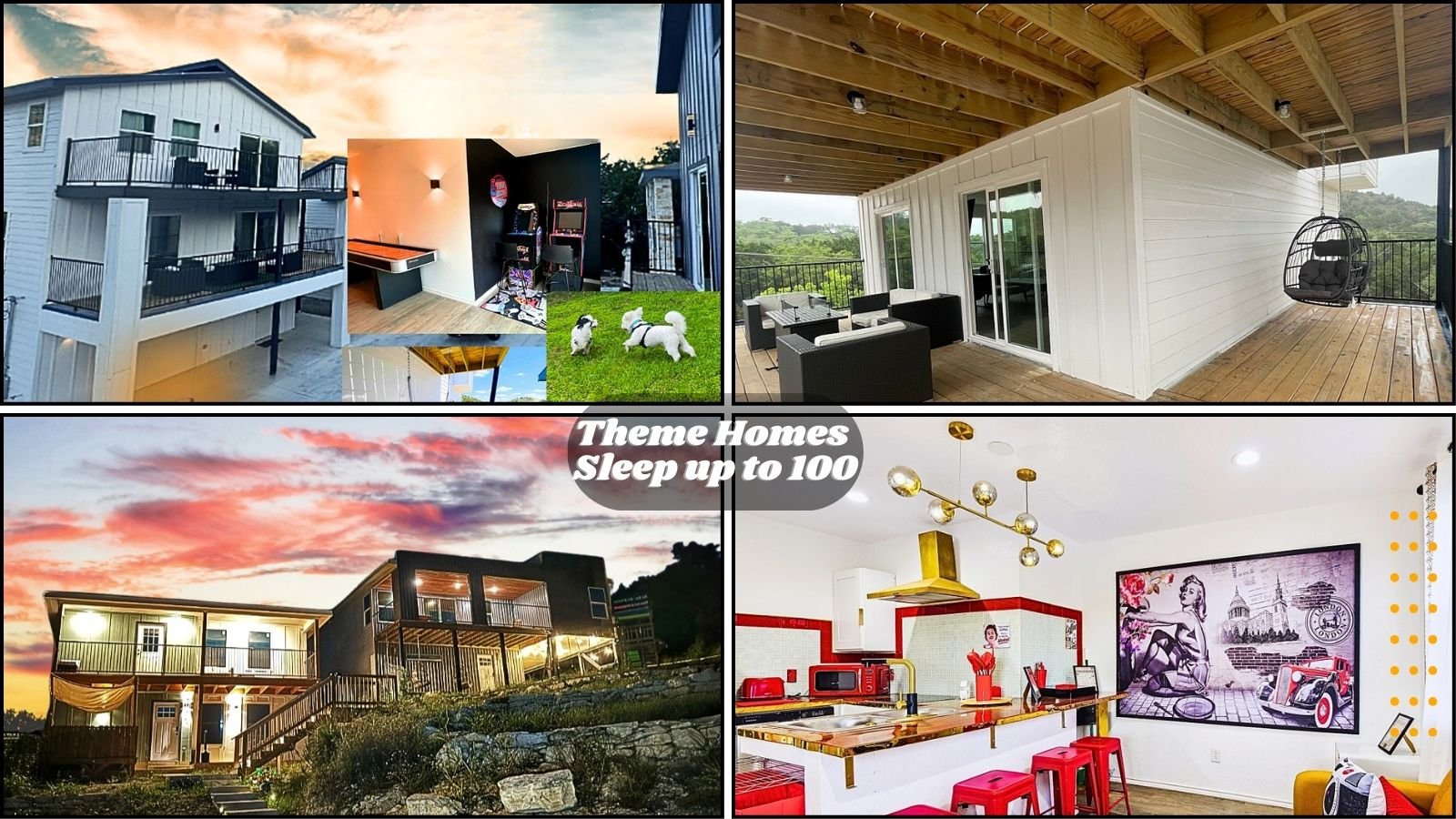 Theme homes in Canyon Lake, Texas, sleeping up to 100 guests with unique amenities like private hot tubs, game rooms, and spacious accommodations, perfect for weddings, family vacations, and events