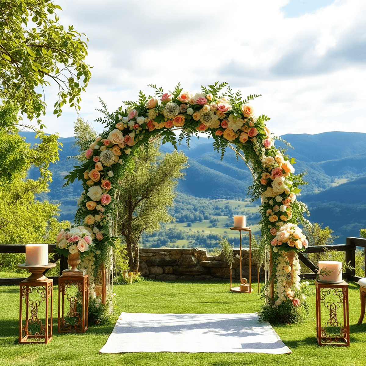 Una romántica decoración de boda al aire libre con un arco adornado con flores, rodeada de exuberante vegetación y paisajes escénicos, creando una atmósfera encantadora.