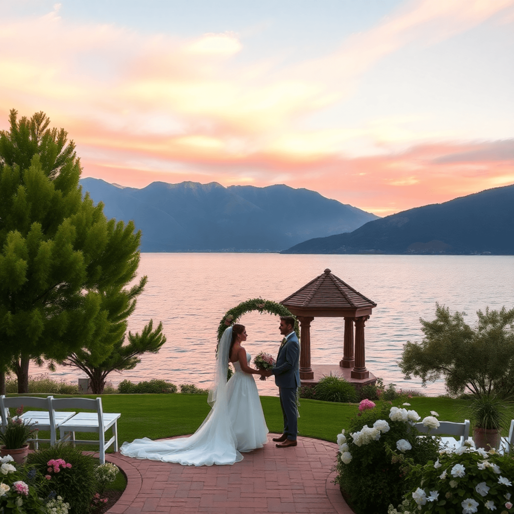 Una serena escena de boda junto al lago en Canyon Lake, con exuberante vegetación, agua brillante, majestuosas colinas y un encantador gazebo bajo ...