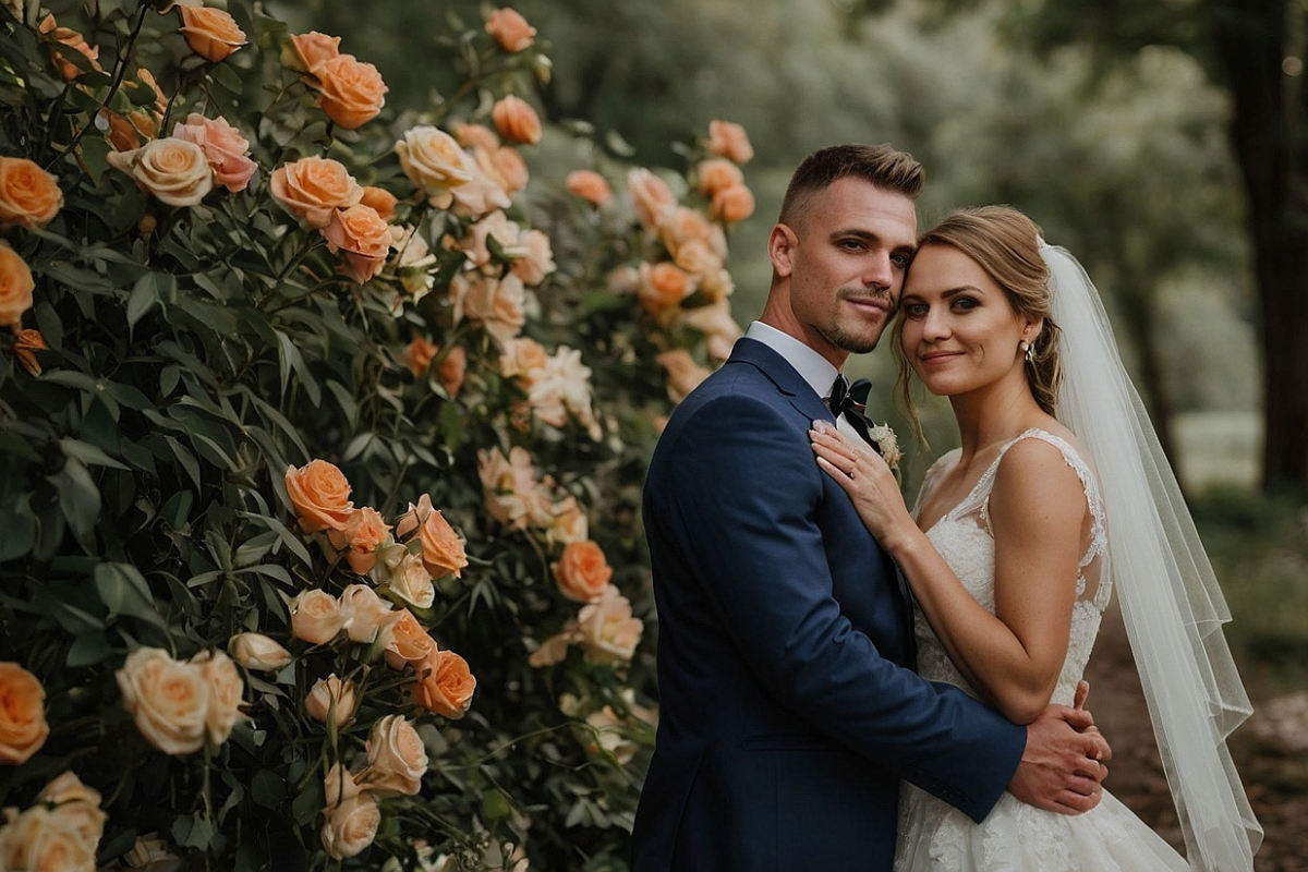 A bride and groom posing lovingly in front of a lush wall of peach roses, with natural greenery and a serene outdoor setting in the background.