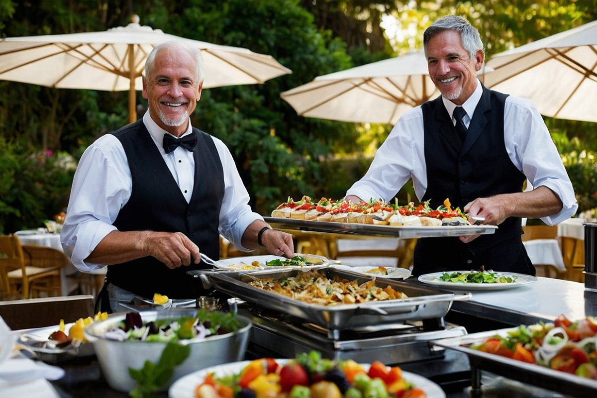 Two smiling caterers in formal attire serving a variety of colorful and beautifully presented dishes at an outdoor wedding reception, with elegant table settings and umbrellas in the background