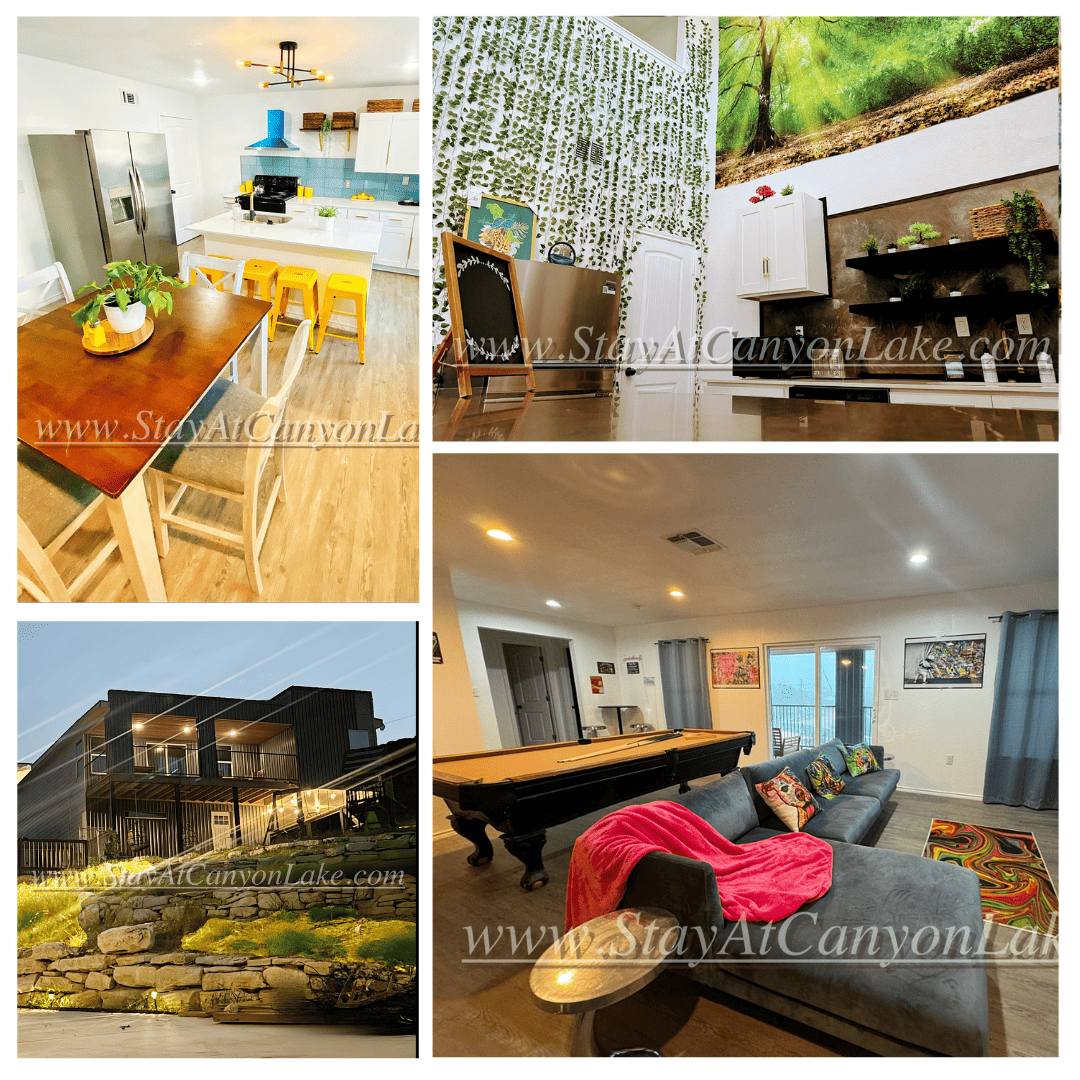 A modern Canyon Lake property showcasing vibrant interiors, a cozy living room, a stylish kitchen, and a scenic outdoor setting, perfect for hosting an unforgettable outdoor wedding.