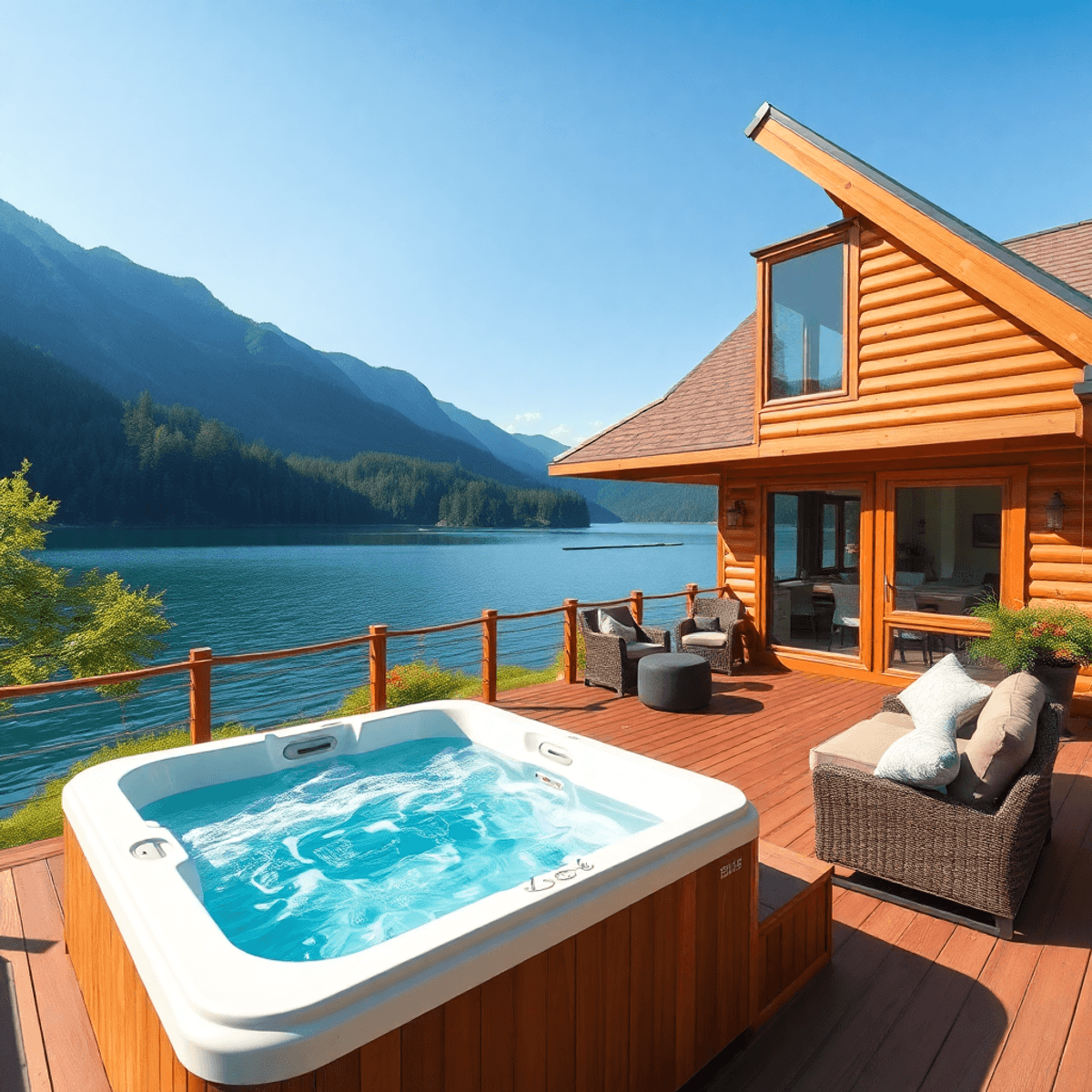 A luxurious vacation bungalow by a serene lake, surrounded by greenery and mountains, featuring a hot tub on a spacious deck and cozy outdoor seating under a clear blue sky.