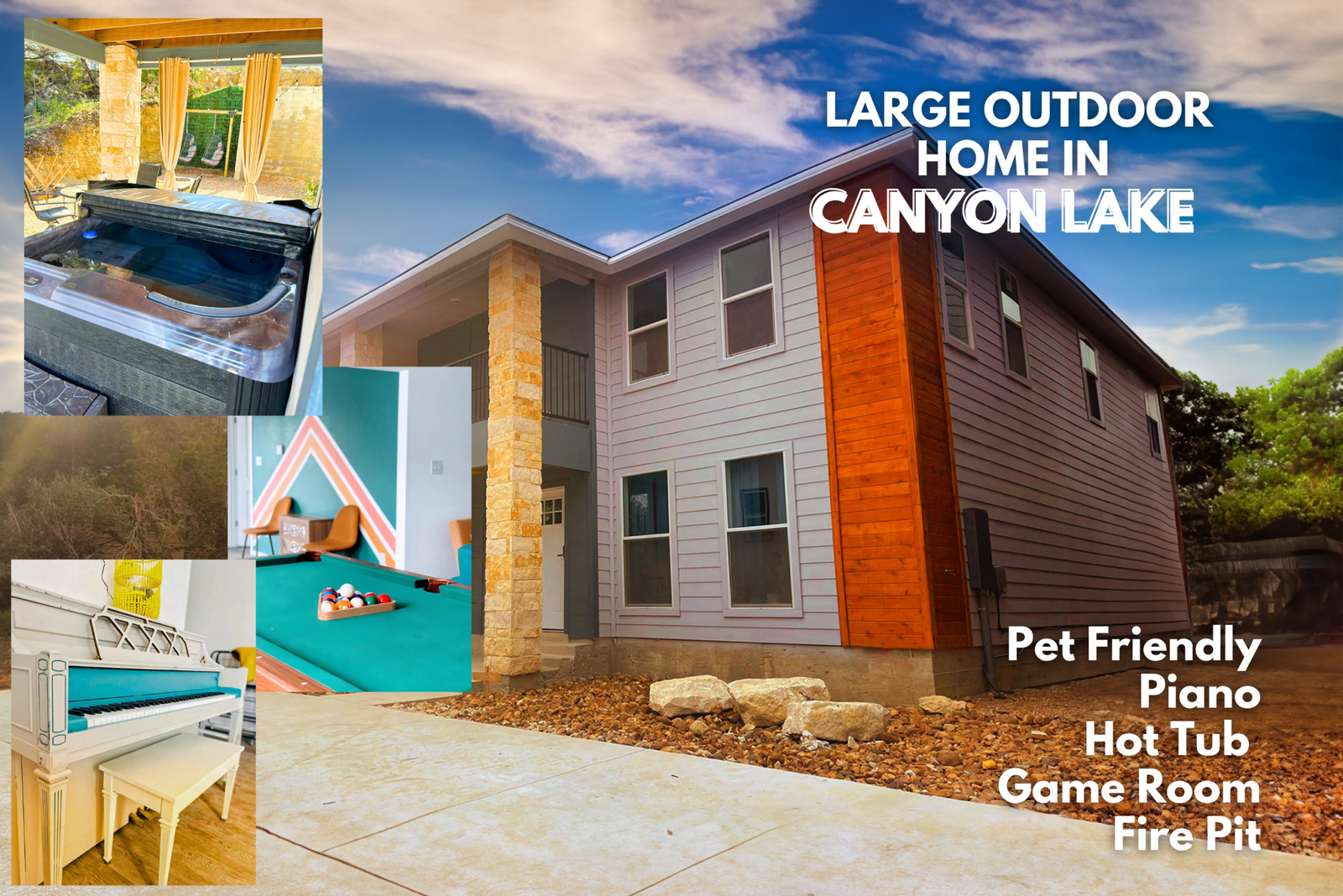 A spacious Canyon Lake home with a hot tub, pool table, fire pit, and piano, showcasing top-tier amenities that enhance your stay. Perfect for family getaways or relaxing retreats, complete with modern comforts and outdoor entertainment.