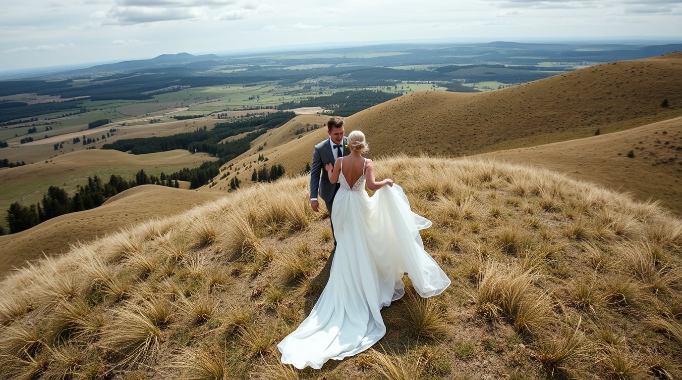 High angle split perspective happy bride running towards groom in hill country elevated view divided sections bold areas showing both figures and landscape